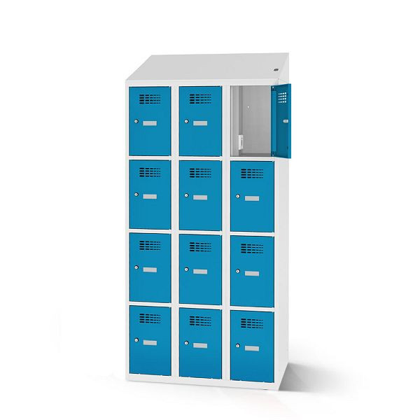 Rotstahl Fächerschrank, 12 Fächer, Stollenfüße, mit Ladefunktion, Schrägdach, Korpus: lichtgrau, Türen: lichtblau, 2180-030400-1202112-7035-5012