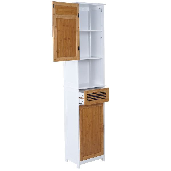 Mendler Hochschrank HWC-A85, Badschrank Badregal Bambus, 180x40x31cm weiß, 57142