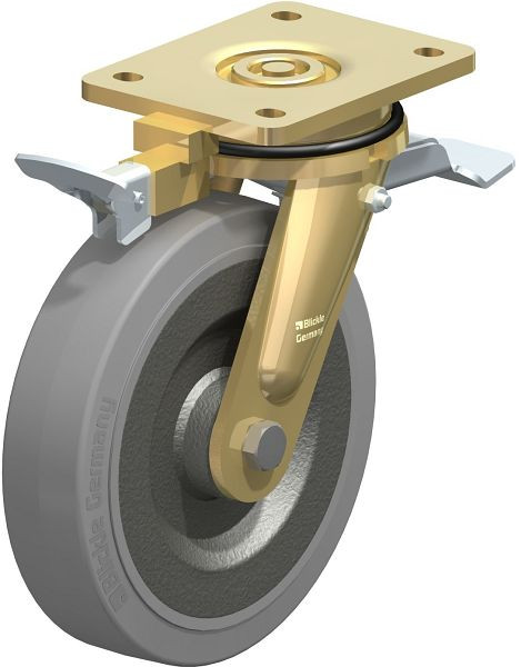 Blickle LS-SE 200K-ST-SG-RI4 Stahlgeschweißte Schwerlast-Lenkrolle, schwere Drehkranz-Ausführung mit Feststeller, Elastik-Vollgummi, Grau, 651562