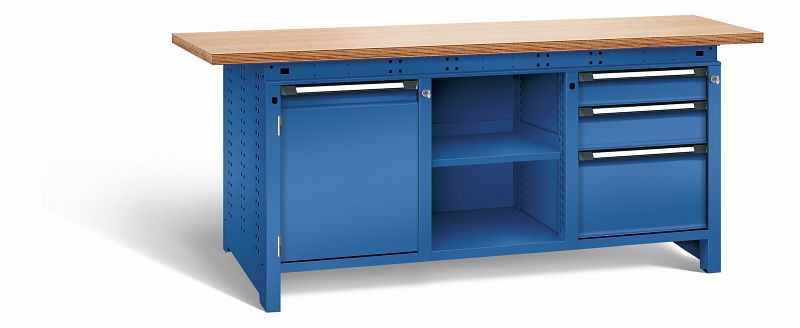 Otto Kind Werkbank Serie function Typ 307, Multiplexplatte 40 mm, überstehend, 2x Unterbau + mittleres Feld, komplett RAL 5010, 072362213