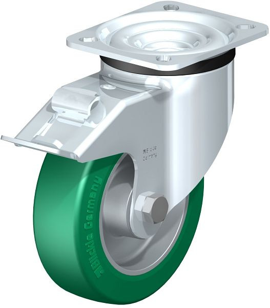 Blickle LK-ALST 125K-1-FI Stahlblech-Lenkrolle, schwere Ausführung, mit Anschraubplatte & Feststeller, Blickle Softhane®, Grün, 627638