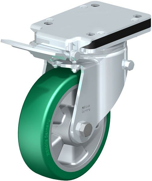 Blickle LH-ALST 160K-IS Stahlblech-Lenkrolle, Schwerlast-Ausführung, mit Anschraubplatte & Feststeller, Blickle Softhane®, Grün, 611632
