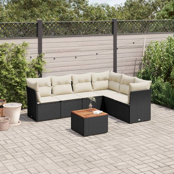 vidaXL 7-tlg. Garten-Sofagarnitur mit Kissen Schwarz Poly Rattan, 3223655