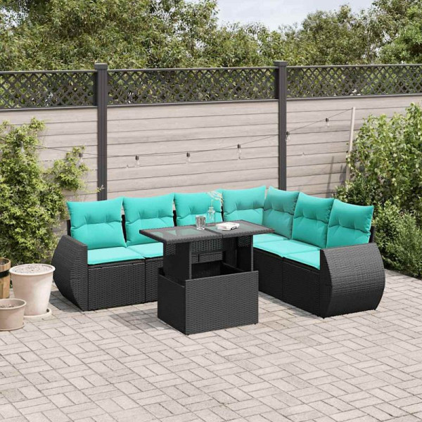 vidaXL 7-teiliges Gartensofa-Set mit Kissen, schwarzes Polyrattan, 3268557