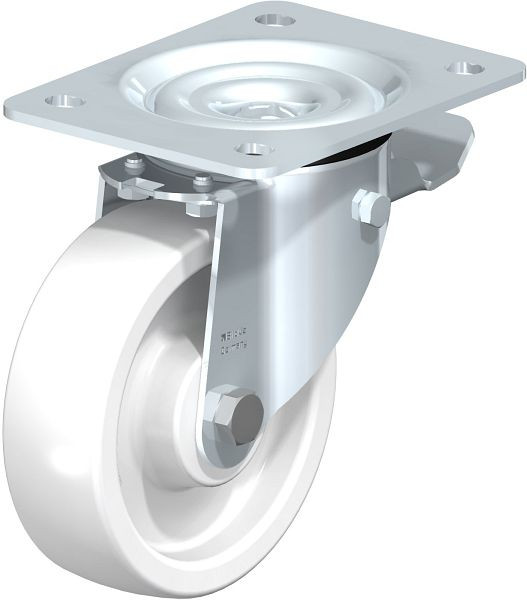 Blickle LK-SPO 125G-3-ST Stahlblech-Lenkrolle, schwere Ausführung, mit Anschraubplatte & Feststeller, Polyamid, Weiß, 295360