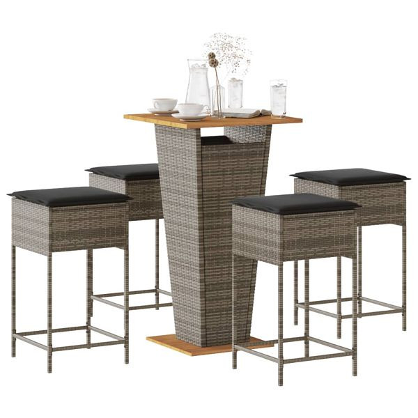 vidaXL 5-tlg. Gartenbar-Set mit Kissen Grau Poly Rattan, 3261479