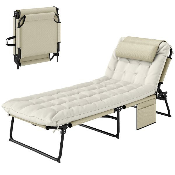 Outsunny Sonnenliege. 4-stufig verstellbare Rückenlehne, Kissen, Seitentasche, Kopfstütze, 68 x 189 x 33 cm, Beige, 84G-351V00BG