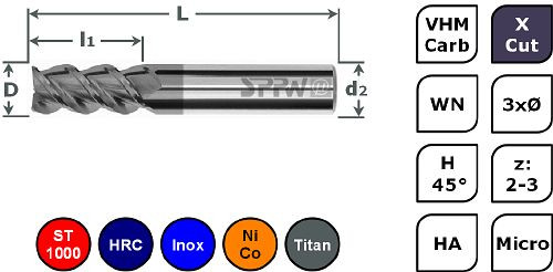 SPPW Micro-Schaftfräser VHM+X.Cut H45° L: 39x7,0 z:3 d3 Ø2,50, 6785300250