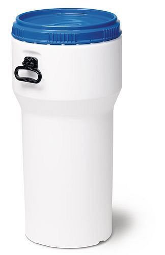 DENIOS Weithalsfass aus PE, 60 Liter, mit Deckel, weiß/blau, nestbar, UN-Zulassung, 217401