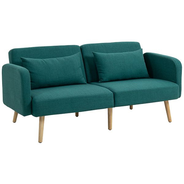 HOMCOM Schlafsofa, 3-Sitzer-Sofa mit Bettfunktion, 2 Kissen, Polstersofa mit verstellbarer Rückenlehne, Leinenoptik, Grün, 839-972V00GN