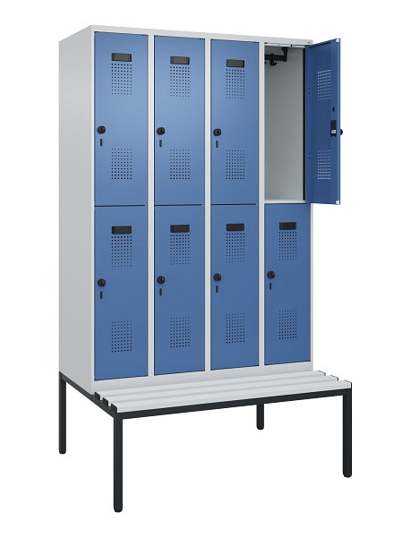 C+P Doppelstock-Spind Evolo PLUS, Bank, 8 Fächer, 2120x1200x815mm, 7035/5023, Drehriegel, Sitzfläche Kunststoff, Sitzbank, 0493507-40 S10089
