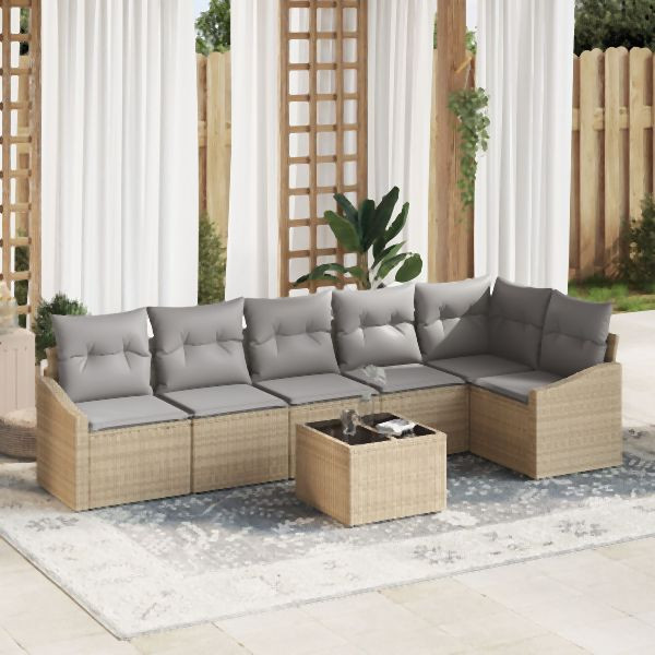 vidaXL Garten-Sofa-Set 7-teilig Beige PE Rattan Outdoor-Sofa, 3355419