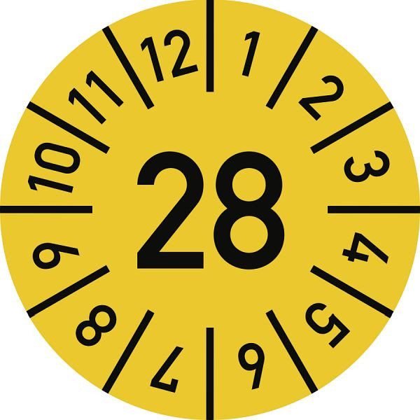 Moedel Prüfplakette Jahr 28 mit Monaten, gelb, Dokumentenfolie, Ø 20 mm, VE: 10 Stück/Bogen, 107003