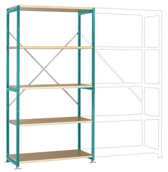 Manuflex Mittelschweres Fachboden-Steckregal Grundregal mit 5 Holzverbundböden, HxBxT = 2000 x 1030 x 300 mm, wasserblau, RP1005.5021