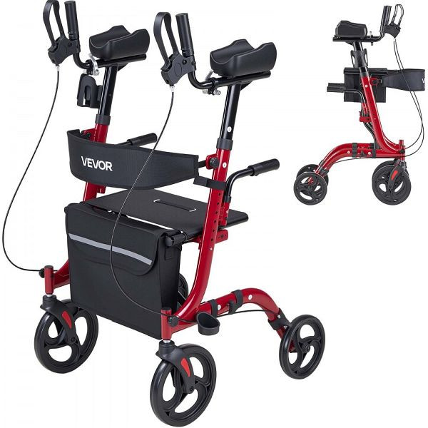 VEVOR Faltbarer Rollator mit Sitz, 4 PVC Reifen, bis 136 kg, Rückenlehne & Tasche, höhenverstellbar, Rot, ZLZXQHSLHJQ19FU6Q001V0