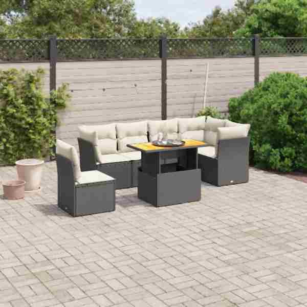 vidaXL 7-tlg. Garten-Sofagarnitur mit Kissen Schwarz Poly Rattan, UV-beständig, 3270853