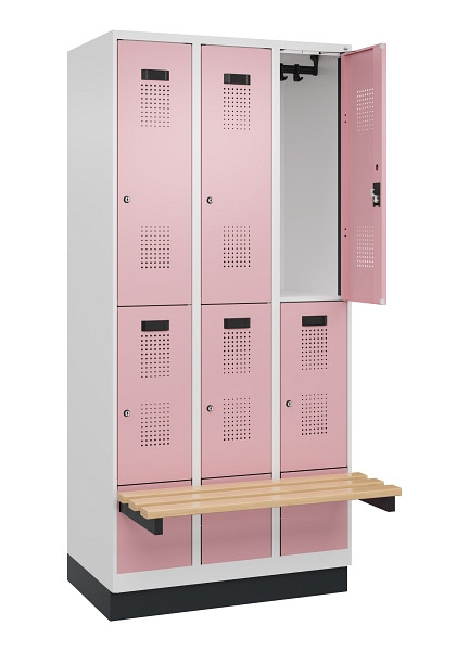 C+P Doppelstock-Spind Evolo PLUS, Bank, 6 Fächer, 1950x900x815mm, 9016/3015, Zylinderschloss, Sitzfläche Buche-Hartholz, mit Sockel, 049340-30 S10045