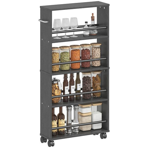 HOMCOM Multifunktionsregal mit Rollen, schmale Bauweise, 4 Fächer, 45x15x91 cm, Schwarz, 850-322V90BK