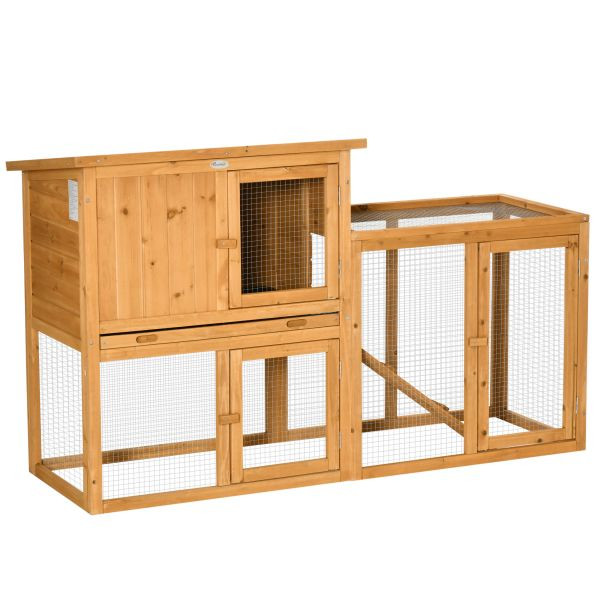 PawHut Kaninchenstall Kleintierstall mit herausnehmbarer Bodenwanne und Rampe, Outdoor Indoor Tannenholz Orange 141 x 60 x 86 cm, D51-282V01