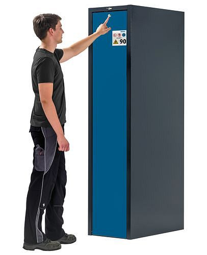 asecos Slim-Scoper, Feuerbeständiger Gefahrstoffschrank 45-4, 1 Vertikalauszug, 4 Fachböden, blau, 245544