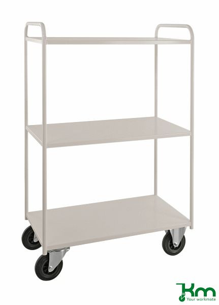 Kongamek Etagenwagen mit 3 Böden, vollständig geschweißt, 955 x 550 x 1470 mm, Weiß, 2 Bockrollen 2 Lenkrollen mit Bremse, KM4144B