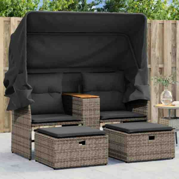 vidaXL Gartensofa 2-Sitzer mit Dach und Hockern Grau Poly Rattan, 365801