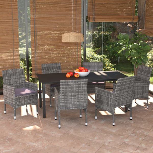 vidaXL 7-teilig Garten-Essgruppe mit Kissen Poly Rattan Grau, 3094983