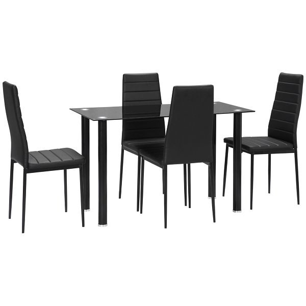 HOMCOM 5-tlg. Essgruppe Sitzgruppe Esstisch mit 4 Stühlen, modernes Design, Glastisch, Schwarz, 835-839V03BK