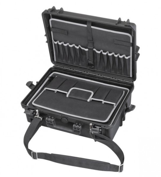 MAX wasser- und staubdichter Kunststoffkoffer in schwarz, mit eingesetzter Werkzeugtasche und Trollyfunktion, MAX505TCTR