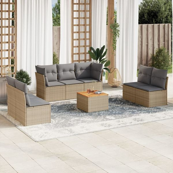 vidaXL 8-teilig Garten-Sofagarnitur mit Kissen Beige Poly Rattan, 3255898