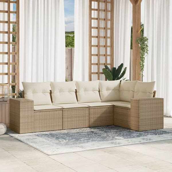 vidaXL 5-tlg. Garten-Sofagarnitur mit Kissen Beige Poly Rattan, 3254865