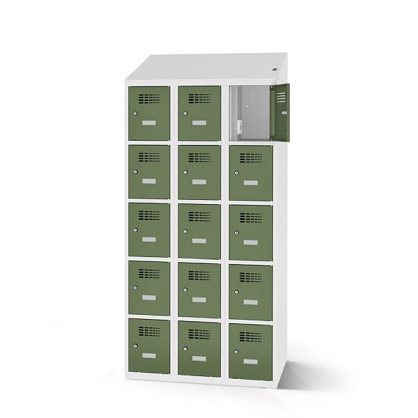 Rotstahl Fächerschrank, 15 Fächer, kurzer Sockel, mit Ladefunktion, Schrägdach, Korpus: lichtgrau, Türen: resedagrün, 2180-030500-0901112-7035-6011
