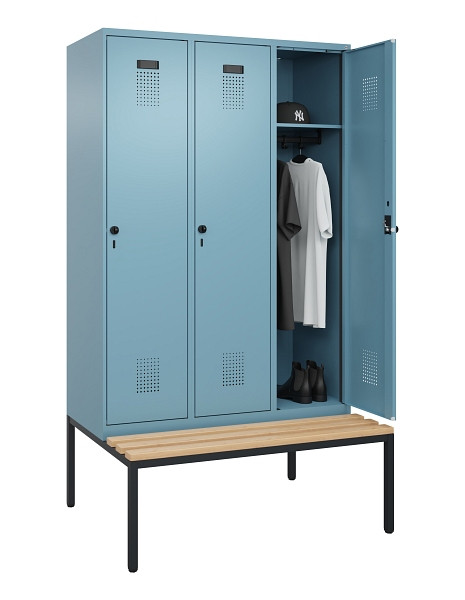 C+P Spind Evolo PLUS, 3 Abteile, 2120x1200x815mm, 0010/0010, Haken 4, Drehriegel, Sitzfläche Buche-Hartholz, Sitzbank, 0490507-32 S10021