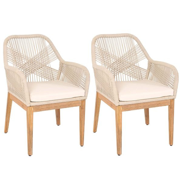 Mendler 2er-Set Gartenstuhl HWC-H56b, Sessel Outdoor, wetterfest Seilgeflecht Rope Holz Akazie, beige Kissen creme-weiß, 2x106679