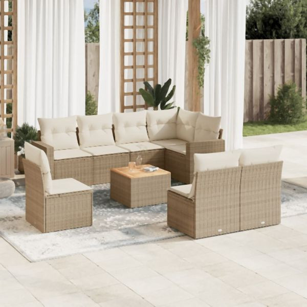 vidaXL 9-tlg. Garten-Sofagarnitur mit Kissen Beige Poly Rattan, 3256492