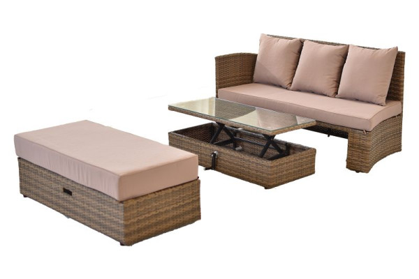 Merxx Riva Erweiterungsset, 1 Bank mit Rückenlehne, 1 Bank ohne Rückenlehne, 1 höhenverstellerbarer Tisch, inkl. Kissen und Auflagen, Natur, 28254-228