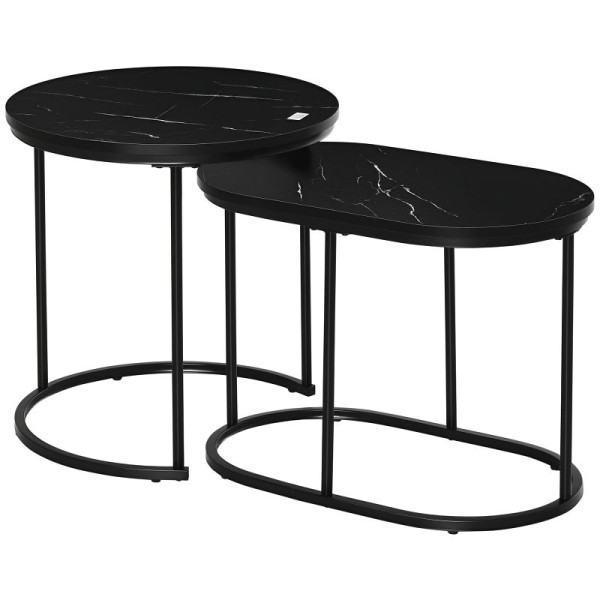HOMCOM 2er-Set Couchtisch, Ovaler und runder Kaffeetisch, stapelbar, Marmoroptik, MDF, Metall, Ø50 x 50,5H cm, 839-374