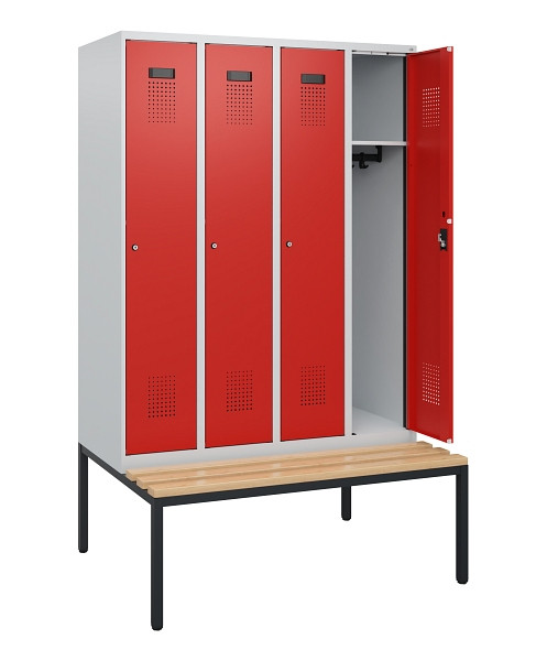 C+P Spind Evolo PLUS, 4 Abteile, 1950x1200x815mm, 7035/3020, Zylinderschloss, Sitzfläche Buche-Hartholz, Sitzbank, 0490505-40 S10028