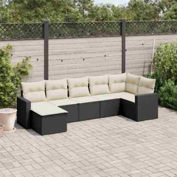 vidaXL 7-tlg. Garten-Sofagarnitur mit Kissen Schwarz Poly Rattan, UV-beständig, 3219266