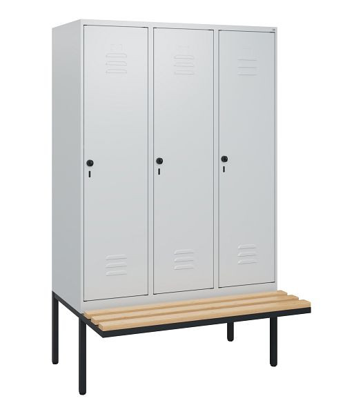 C+P Umkleidespind Classic PLUS, 3 Abteile, 1950x1200x815mm, 7035/7035, Drehriegel, Buche-Sitzleisten, 0800405-32 S10009