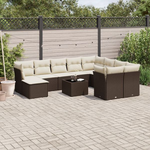 vidaXL 11-tlg. Garten-Sofagarnitur mit Kissen Braun Poly Rattan, 3218603