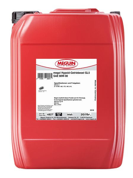 Meguin megol Hypoid-Getriebeöl GL5 SAE 80W-90, Kanister Kunststoff, VE: 20 Liter, 4827