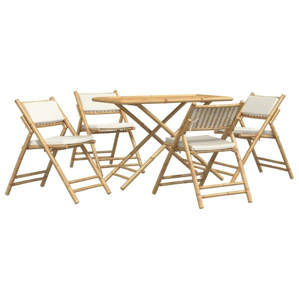 vidaXL 5-teilig Bistro-Set Klappbar mit Cremeweißen Kissen Bambus, 3208935