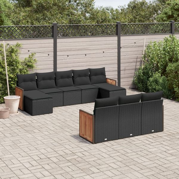 vidaXL 10-tlg. Garten-Sofagarnitur mit Kissen Schwarz Poly Rattan, 3228092