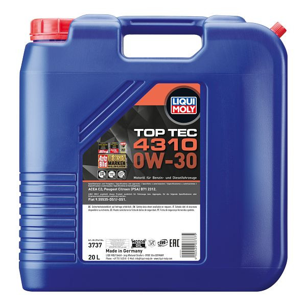 LIQUI MOLY Motoröl Top Tec 4310 0W-30, Kanister Kunststoff, VE: 20 Liter, 3737