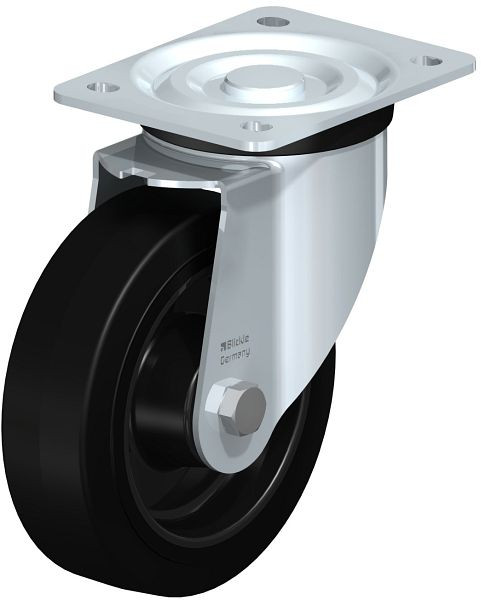 Blickle L-POEV 160R Stahlblech-Lenkrolle, mittelschwere Ausführung, mit Anschraubplatte, Elastik-Vollgummi, Schwarz, 43059