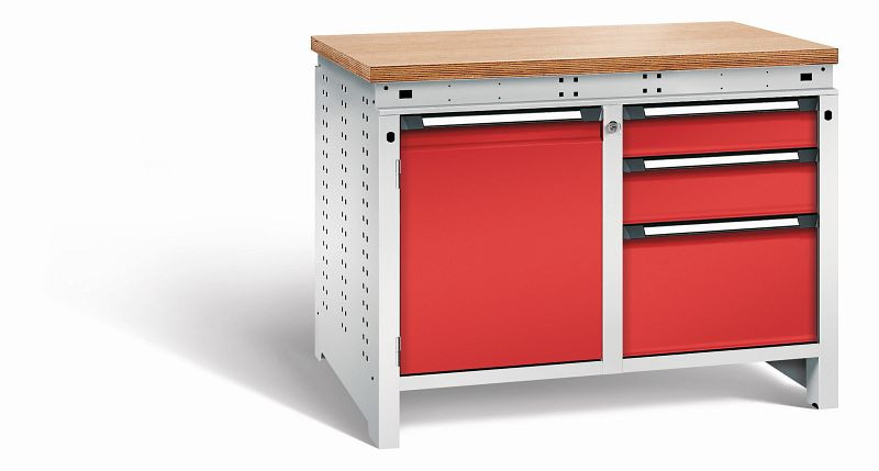 Otto Kind Werkbank Serie function Typ 213, Multiplexplatte 40 mm, bündig, 2x Unterbau + Zentralverschluss, Gehäuse RAL 7035, Front RAL 3000, 072343134