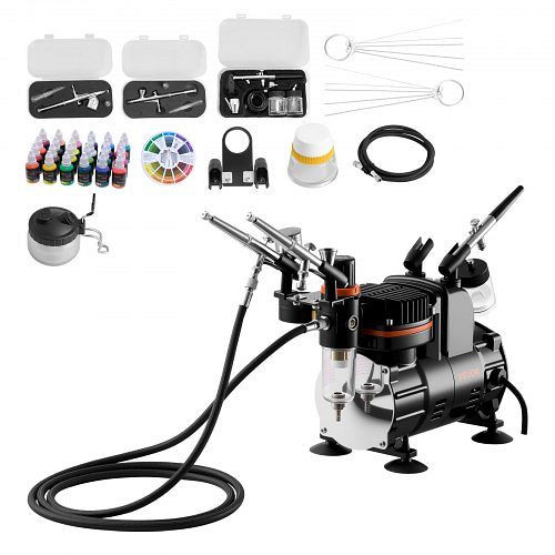 VEVOR Airbrush Set 1/6 PS mit Kompressor, 3 Dual Action Pistolen (0,3/0,3/0,35mm), Schlauch & Farbe, für Kuchen & Modellierung, JCBTZW3OGWQG0YCRO001V2