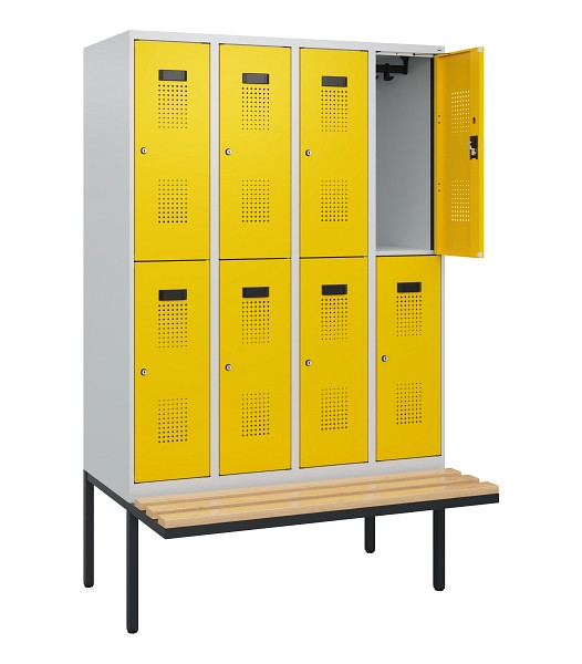 C+P Doppelstock-Spind Evolo PLUS, Bank, 8 Fächer, 1950x1200x815mm, 7035/1023, Zylinderschloss, Sitzfläche Buche-Hartholz, 0493405-40 S10020