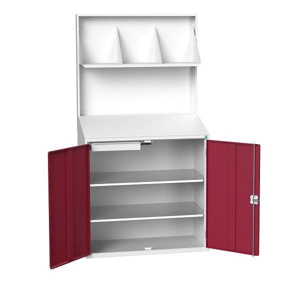 bott verso Economy Pult mit glatter Rückwand, mit Ordnerhalter, 2 Ablagen, 1 Schubladen, BxTxH: 1050 x550 x 2000 mm, Lichtgrau / Purpurrot, 16929218.24